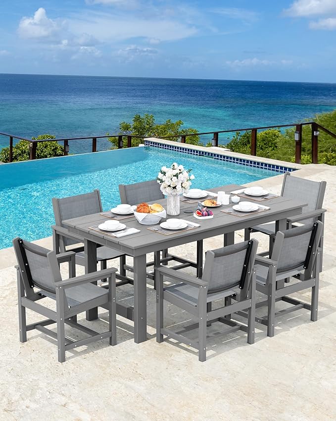 SERWALL Patio Dining Sets for 6, Outdoor HDPE Dining Set with Umbrella Hole Cut-Out Table and 6 Woven Chairs, Gray
