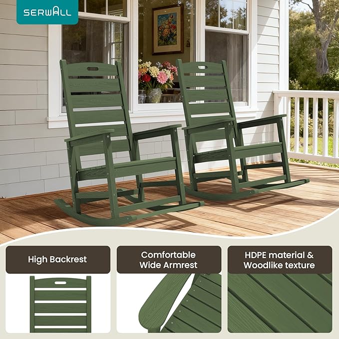 SERWALL Outdoor Rocking Chair Set of 4, Oversized HDPE Patio Rocking Chair with Footrest for Adults, All Weather Porch Rocker for Deck Patio Balcony, Avocado Green