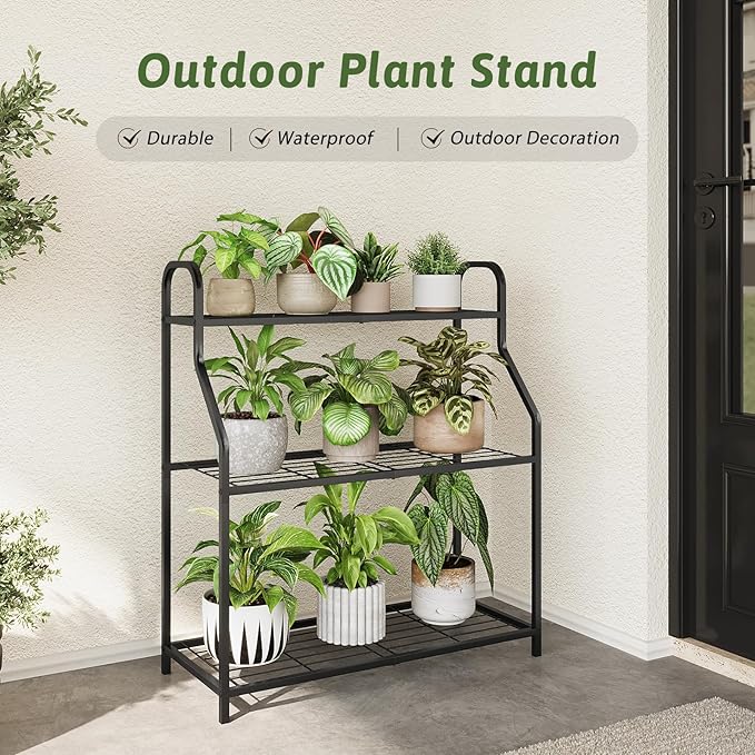 Plant Stand Outdoor 3 Tier Plant Stand Metal Plant Stands Waterproof Plant Holder Rack for Indoor Use Robust Flower Stand Plant Shelf for Living Room Balcony Garden Black