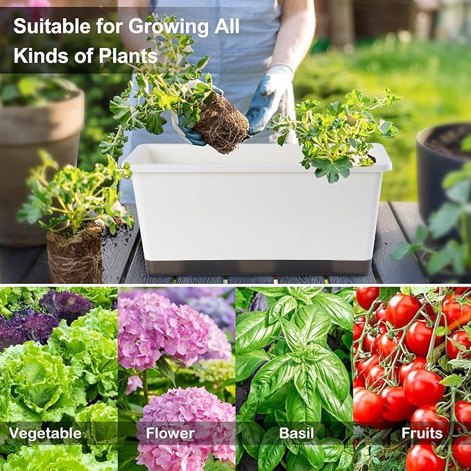 Window Box Planter 6 Pcs, 17 Inches Rectangle Flower Pots with Drainage Holes and Trays, Vegetable Planters for Windowsill Patio Garden Balcony Home Porch Yard Indoor Outdoor (Grey, 17*7.4*7.8 inch)