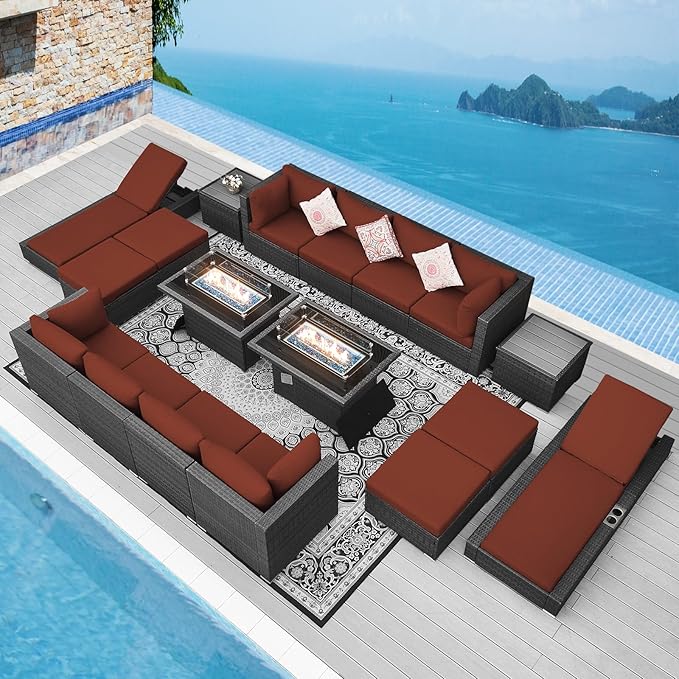 NICESOUL 18 Piece Outdoor Patio Furniture Set with Fire Pit and Chaise Lounge, 500 lbs High Weight Capacity Outdoor Sectional with Fire Pit, 14-Seat Deep Seating Sectional, Grey & Burgundy
