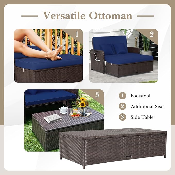 LDAILY Moccha Outdoor Daybed, Wicker Loveseat Sofa Set with 4-Postion Adjustable Backrest, Storage Ottoman, Cushions, Rattan Double Bed Lounger, Patio Furniture Set (Navy)