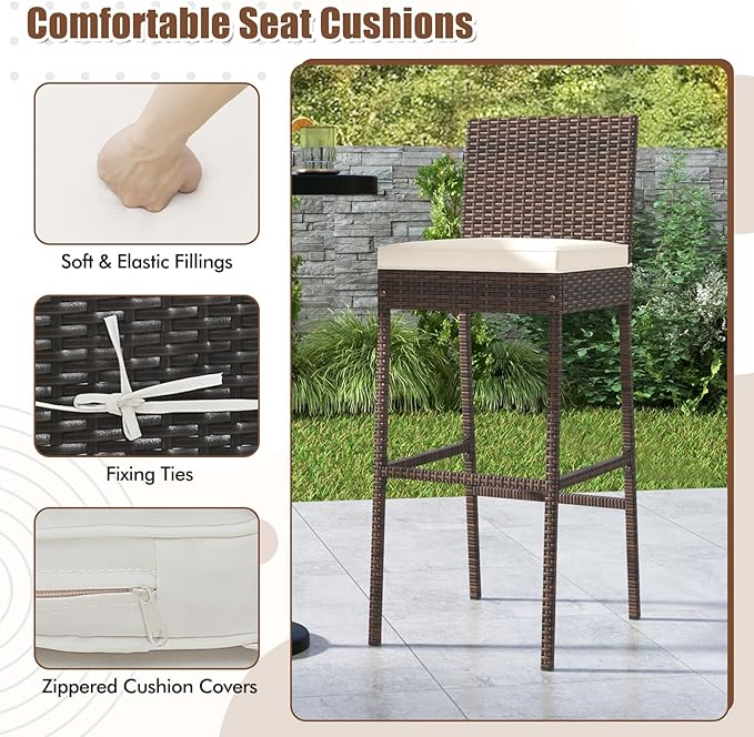 HAPPYGRILL Wicker Patio Barstools Set of 2, Outdoor Rattan Bar Chairs with Footrest & Backrest, Armless High Top Chairs with Seat Cushions for Backyard, Balcony
