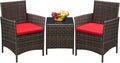 Greesum 3 Pieces Patio Furniture Sets Outdoor PE Rattan Wicker Chairs with Soft Cushion and Glass Coffee Table for Garden Backyard Porch Poolside, Brown and Red