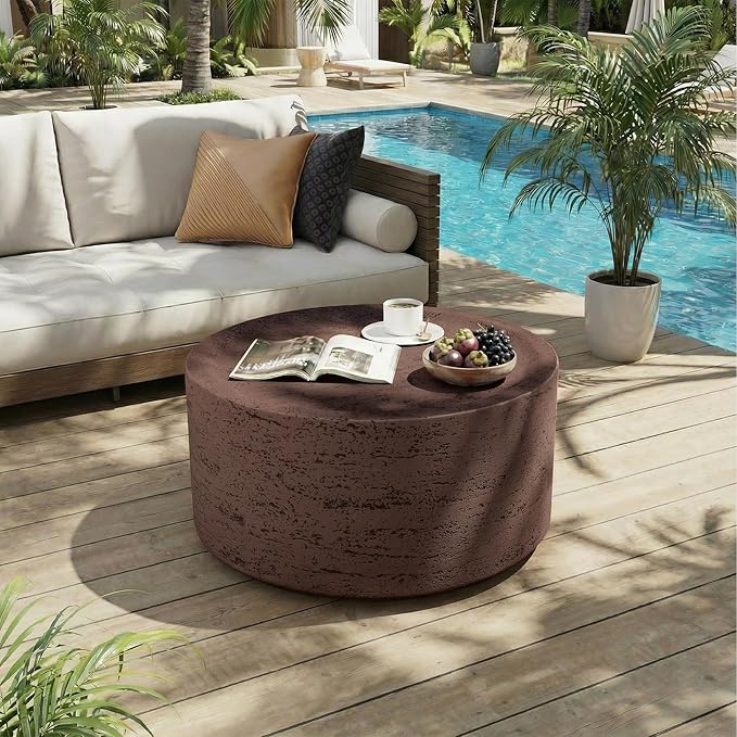 UPHA Outdoor Round Coffee Table, Small Modern Minimalist Accent Tables, Low Light Concrete Center Table for Living Room, Outside Patio, Deck, 28×28×13, Rust Red