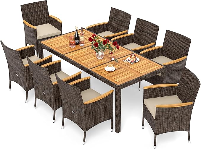 Tangkula 9 Pieces Rattan Outdoor Dining Set for 8, Outdoor Acacia Wood Table Set with 8 Cushioned Wicker Chairs, Umbrella Hole, Patio Dining Furniture Set for Deck Pool Backyard