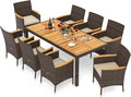 Tangkula 9 Pieces Rattan Outdoor Dining Set for 8, Outdoor Acacia Wood Table Set with 8 Cushioned Wicker Chairs, Umbrella Hole, Patio Dining Furniture Set for Deck Pool Backyard