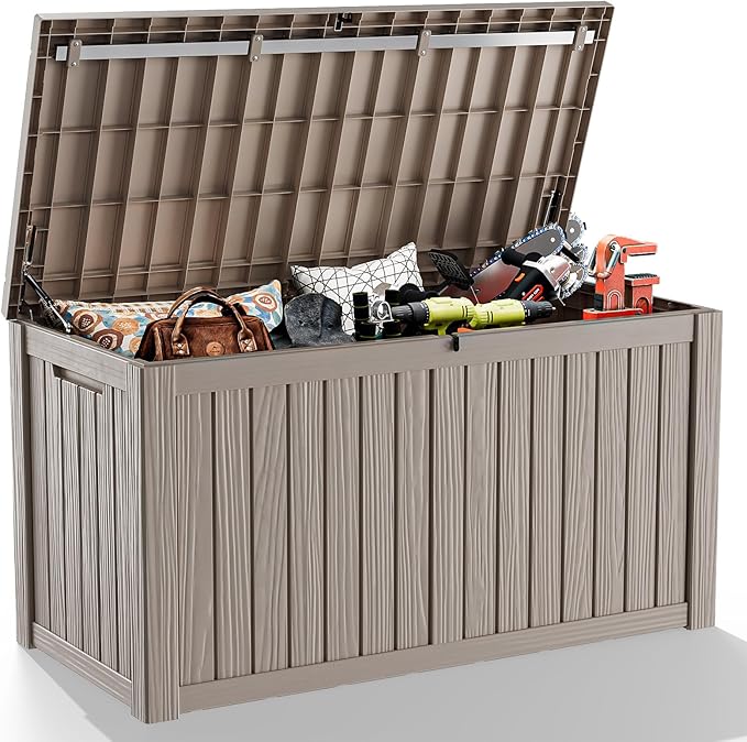 ROJIK Outdoor Storage Housing Deck Box - Waterproof Patio Furniture, Garden Tools, Cushions, Pool Accessories Storage Bench with Lockable Lid and Side Handles (Grey 158 Gal)