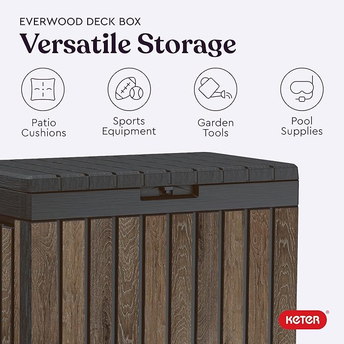Keter Signature Everwood 50 Gallon Resin Deck Box for Outdoor Storage – Weather‑Resistant Balcony & Patio Box for Cushions, Throw Pillows & Garden Tools, Walnut