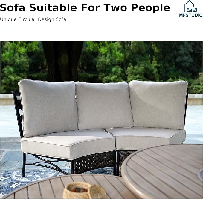 MFSTUDIO Patio Furniture Set, 8 Seats Half-Moon Curved Outdoor Sectional Sofa Conversation Set with 2 Wood-Like Round Table, Woven Rattan Patio Couch for Backyard, Garden, Deck