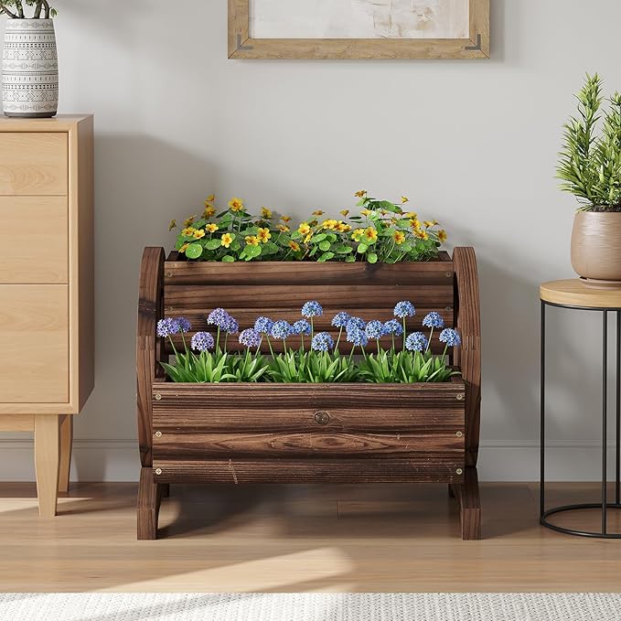 Wooden Wagon Planter Wooden Flower Cart with Wheels Outdoor Garden Planter, Decor Planter for Patio Balcony Decoration Succulent Flower Pot for Indoor Backyard Balcon planters (Carbonized)