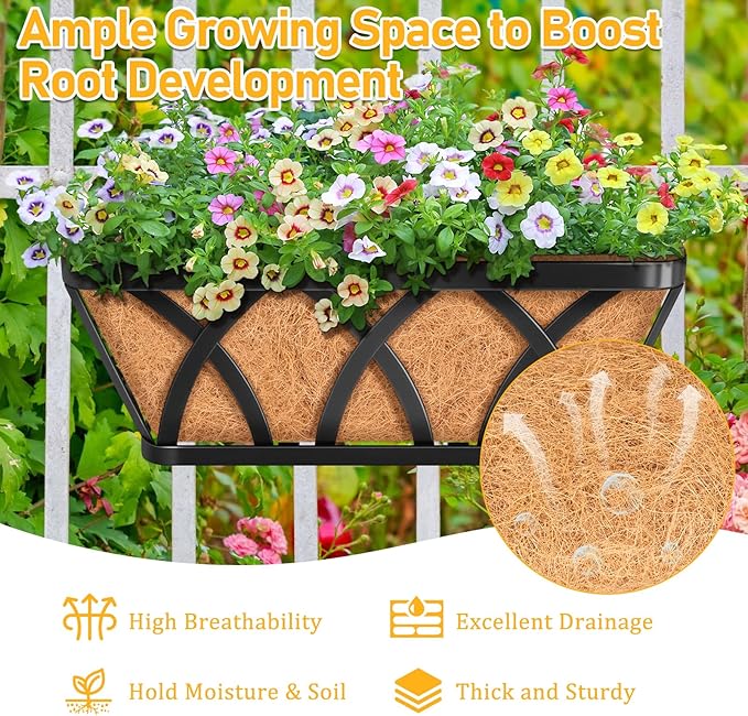 Riare 4 Pack 16 Inch Metal Railing Planter Window Box with Coco Liner- Adjustable Window Flower Boxes for Railings, Hanging Rail Planters for Deck, Balcony, Porch, Fence, Indoor Outdoor Plants
