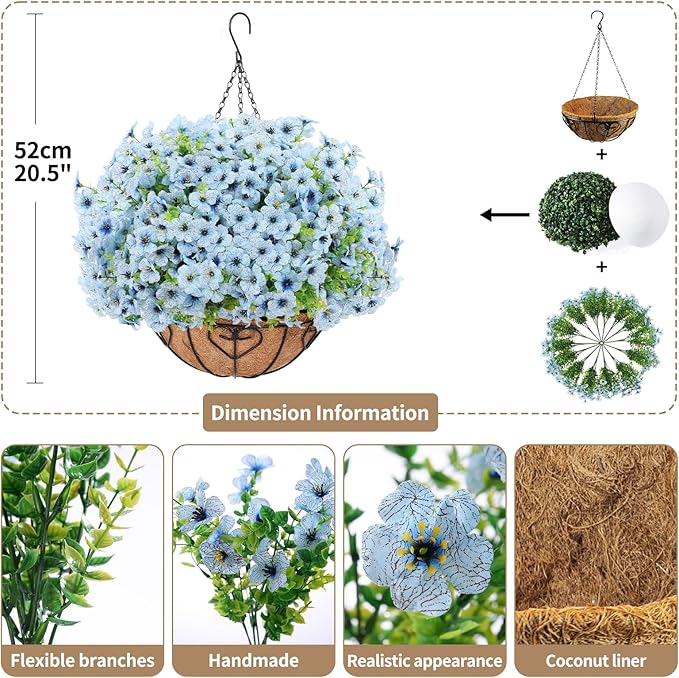Artificial Hanging Flower for Outdoors, Fake Hanging Basket for Outside,1 Hanging Basket with 13 Pcs Faux Silk Flowers for Porch, Balcony and Patio Decor(Blue)