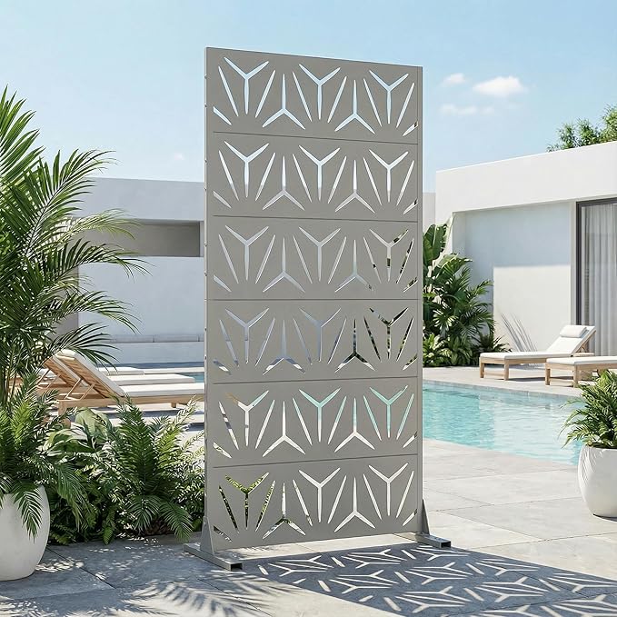 Casaphoria Metal Privacy Screen Outdoor, 72" H x 35" W Freestanding Decorative Privacy Screen for Patio Deck Balcony Garden with Stable Base, Grey-Star