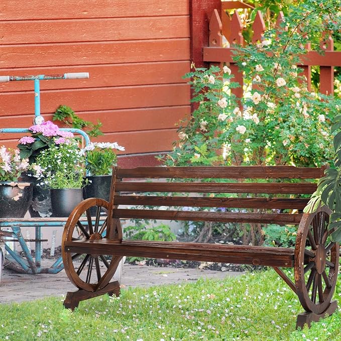 VINGLI Rustic Wooden Wheel Bench Outdoor Bench, Patio Bench Wagon Slatted Seat, Garden Benches for Outdoors 350lbs High Capacity, Weather Resistance (Rustic, 55in)