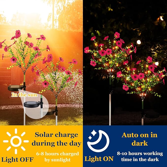 2 Pack Solar Stake Lights Outdoor Decor Waterproof Mums Artificial Flowers Solar Lights for Outdoor Garden Yard Pathway Decor (Rose Red,Violet)