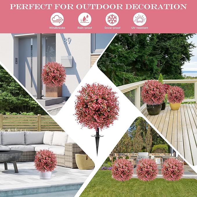 Artificial Topiary Bushes for Outdoors with Spike, Boxwood Ball Fake Shrubs UV Resistant Faux Plants for Indoor Outdoor Fall Thanksgiving Halloween Decor (Red Eucalyptus)