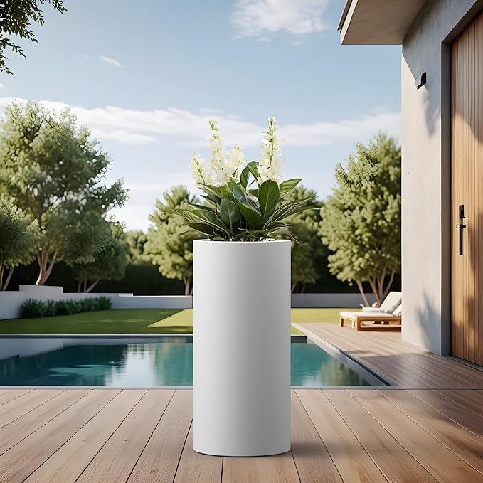 Kante 23.6 Inch Tall Cylindrical Planter, Large Round Plant Pots with Drainage Hole, Made with Concrete, Suitable for Indoor Outdoor Plants, Home Decor, White