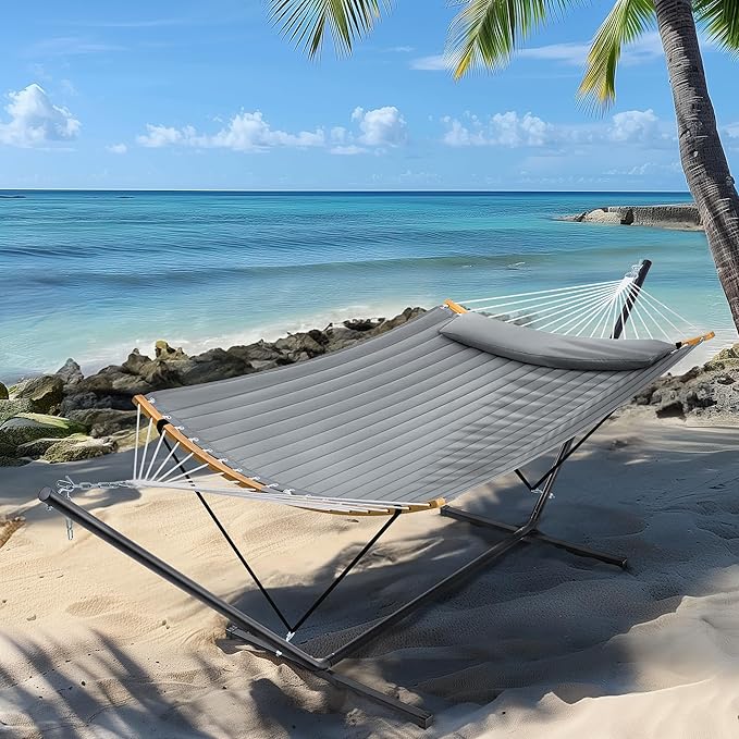 SUPERJARE Hammock with Stand, 2 Person Heavy Duty Hammock Frame, Detachable Pillow & Strong Curved-Bar & Portable Carrying Bag, Perfect for Outdoor & Indoor - Gray
