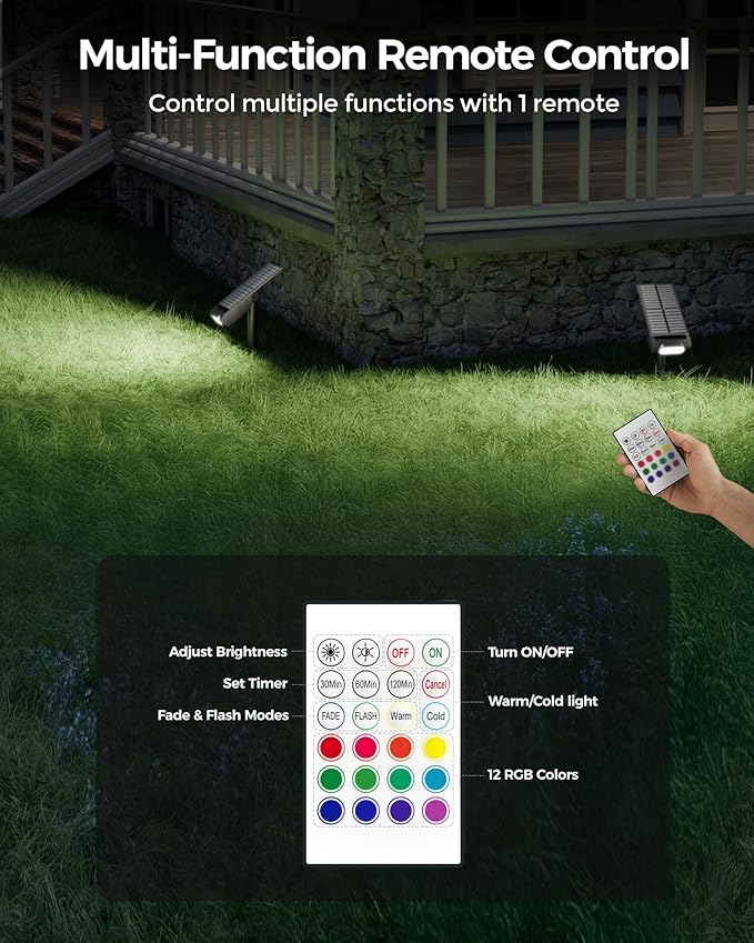 RGB Christmas Solar Spot Lights Outdoor, 12 RGB Color Modes Landscape Light Waterproof IP67 with Remote Control, 2-in-1 Color Changing RGB/Cool/Warm White for Yard Garden Christmas 4 Pack