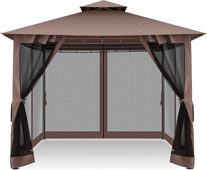 COBIZI Gazebo 10x10 Heavy Duty Gazebos with Improved Nettings Outdoor Gazebo Double Roof Patio Gazebos with Metal Steel Frame Outdoor Canopy for Patio, Deck, Backyard-Brown