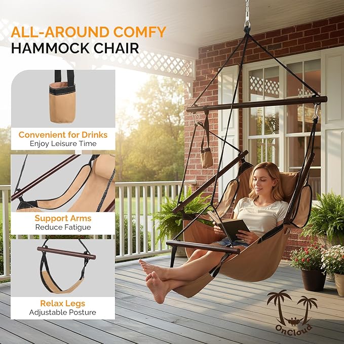 ONCLOUD Upgraded Unique Hammock Hanging Sky Chair, Air Deluxe Swing Seat with Rope (Tan)