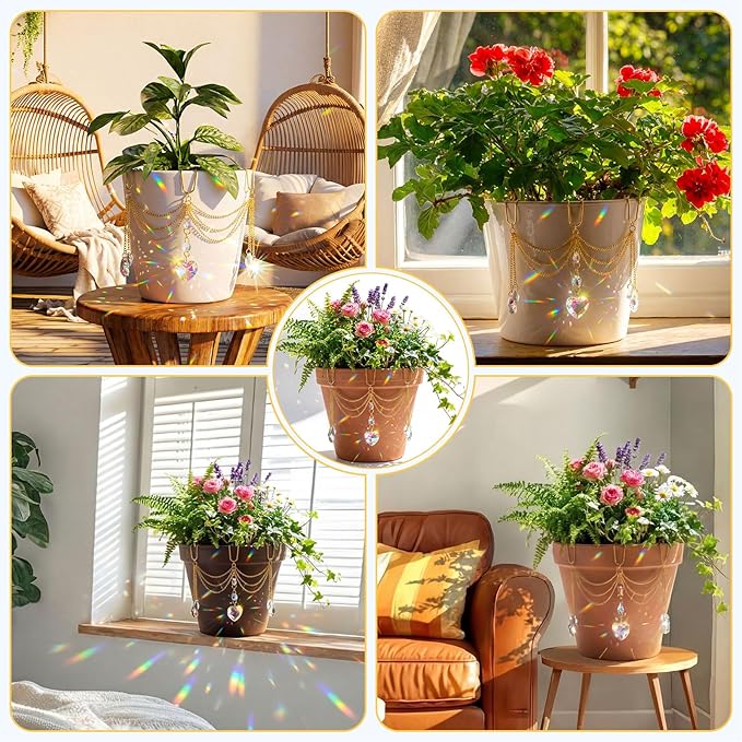 Sun Catcher Plant Hanger with Beads and Glass Crystal Beaded Plant Accessories for Indoor Home Rainbow Decor Pot Accessory(Flower Pot Not Included) (Heart)