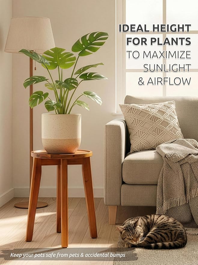 Demigo 15-Inch Tall Plant Stand for Indoor & Outdoor Use, Acacia Wooden Decorative Plant Shelf with Spill-Proof Tray, Flower Holder for Heavy Pots, Gardening Display - Natural Brown