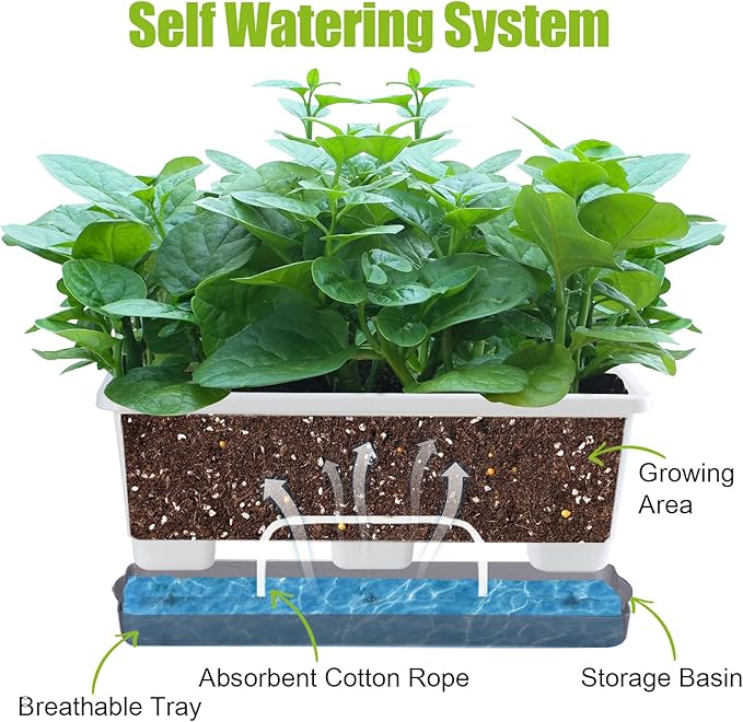 Window Box Planter 8 Pcs, 17 Inches Rectangle Flower Pots with Drainage Holes & Trays, Vegetable Planters for Windowsill Patio Garden Balcony Home Indoor Outdoor (White, 16 * 7 * 6 inch)