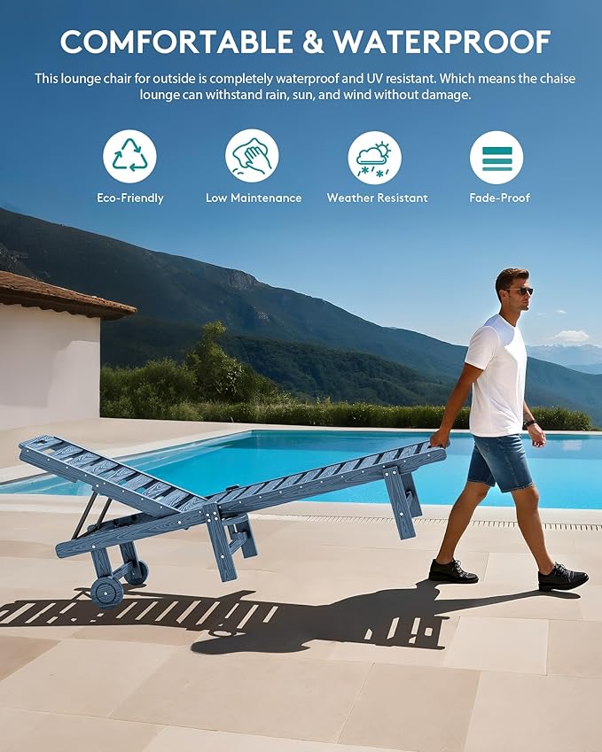SERWALL Outdoor Chaise Lounge, Patio Chaise Lounge Chair with 5 Positions Adjustable Backrest, HDPE Lounger with Rolling Wheels & Cup Holder for Pool, Navy