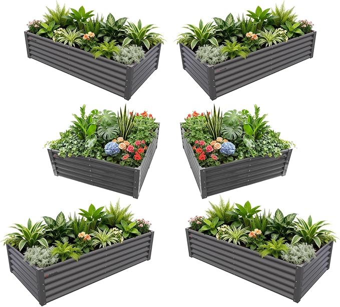 A ANLEOLIFE Set of 6, 18 Inch Tall Quartz Grey Raised Garden Beds Kit, Rectangular & Square Metal Planters for Structured Garden Layouts