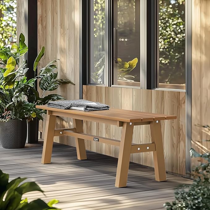 VINGLI 47” Outdoor Bench Garden Bench HDPE Porch Bench w/Metal Legs, Poly Lumber Patio Bench, 660 LBS Capacity Outdoor Backless Bench(Teak)