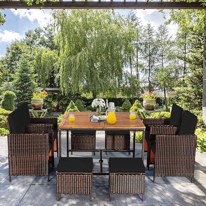 Tangkula 9 Pieces Acacia Wood Patio Dining Set, Space Saving Wicker Chairs and Wood Table with Umbrella Hole Outdoor Furniture Set, Suitable for Garden, Yard, Poolside, Outdoor Seating Set (Black)