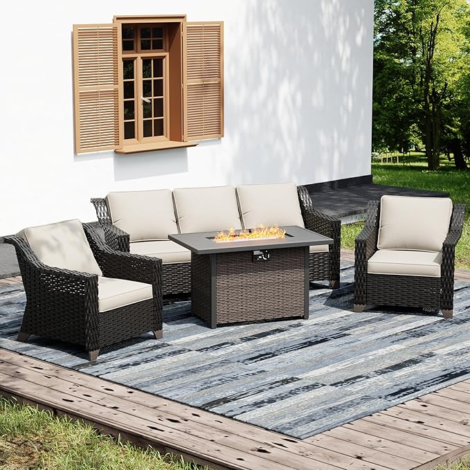Joyside Wicker Patio Furniture Sets, 4 Pieces Upgraded Large Size Outdoor Furniture with Patio Dining Chair, 3-Seat Sofa, Fire Table,Thick Cushions, Wide Armrest, Beige
