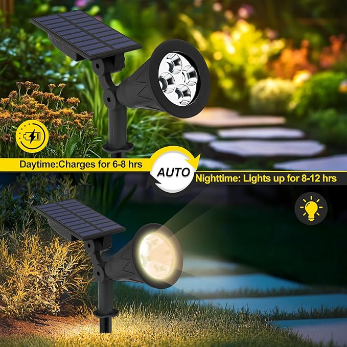 T-SUN Solar Spotlights, Christmas Solar Lights Outdoor, Auto-ON/Off 180°Angle Adjustable Solar Lights for Tree, Patio, Yard, Garden, Driveway, Pool Area (Natural White-2Pack)
