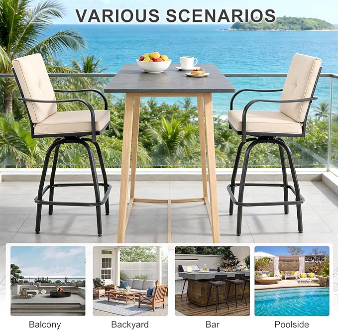 Patio Swivel Bar Stools Set of 6, Outdoor Bar Height Swivel Chairs with Cushions for Garden Balcony Backyard, Beige
