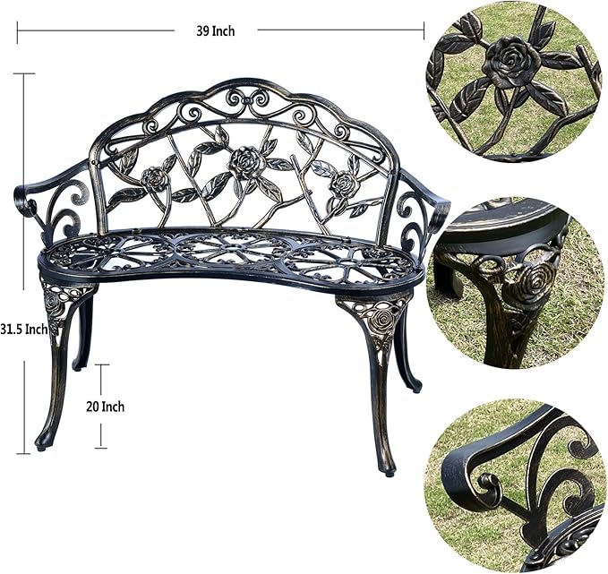 Mandolin Outdoor Park Garden Chair,All Chair Anti Rust Cast Aluminum Patio Yard Bench,Carved Rose Loveseat Bench for Backyard .Porch.Balcony.Lawn (Copper)