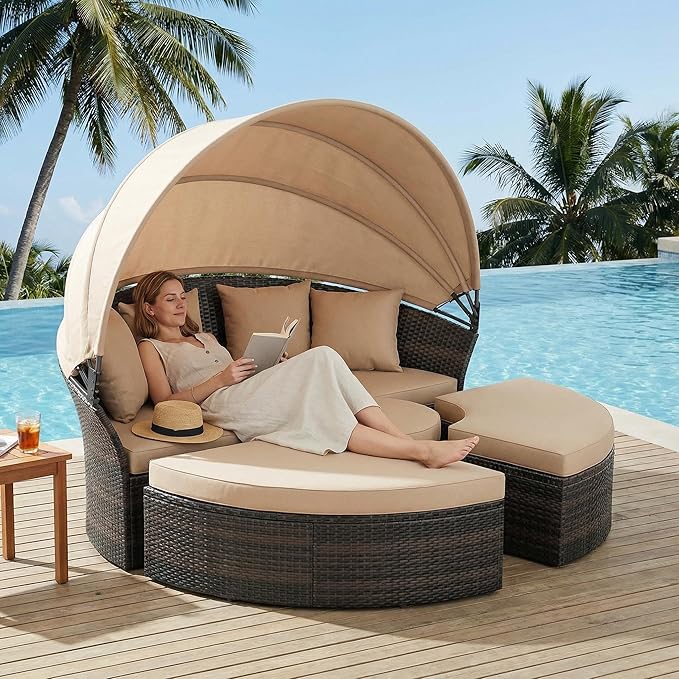 Crownland Outdoor Daybed with Retractable Canopy, Patio Round Daybed with Washable Cushions, Clamshell Sectional Seating, Wicker Furniture for Backyard, Patio, Garden, Pool (Light Brown)
