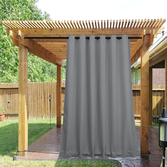 NICETOWN 2 Panels Outdoor Curtains for Patio Waterproof & Windproof, Grommet & Back Tab on Top & Bottom Weighted Drapes Keep Sun/Rain Out with Bouns Rope for Garage, Silver Grey, W84 x L108