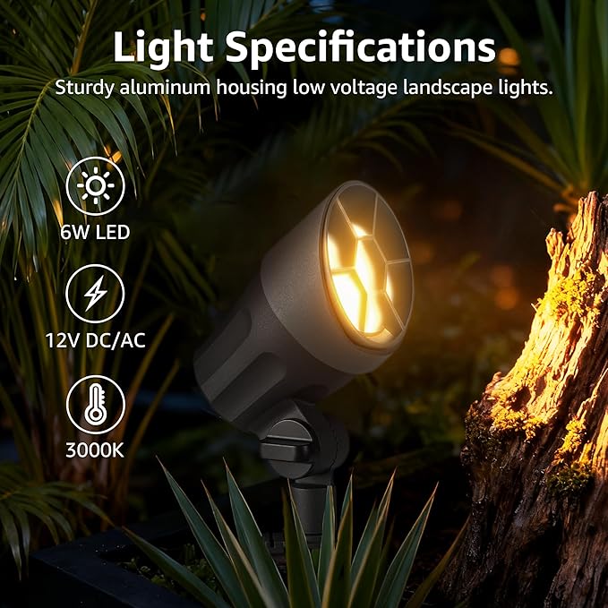 SUNVIE All-in-One Low Voltage Landscape Lighting Kit, 6W Landscape Lights Wired Aluminum 3000K with Transformer 100FT Wire, 12-24V Waterproof Outdoor Spotlight for Garden Yard House Tree, 8 Pack