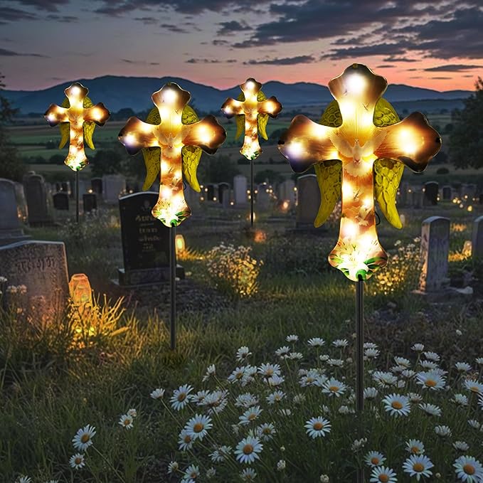 Solar White Dove Cross Garden lamp - Angel Wing Memorial Decoration, Waterproof Cemetery Solar Wooden Stake lamp for Easter, Courtyard, Yard - A Sympathetic Gift for Loved Ones.