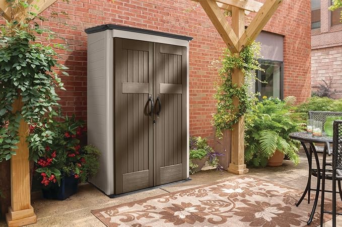 Rubbermaid Vertical Resin Outdoor Storage Shed With Floor (4 x 2.5 Ft) Weather Resistant Brown Organization for Home/Backyard/Garden Tools/Porch/Patio Cushions/Pool Chemicals/Toys