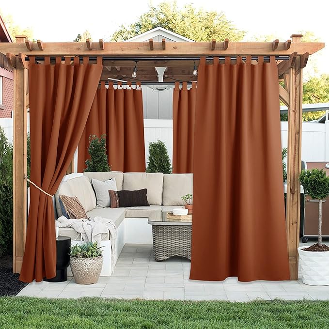NICETOWN 2 Panels Porch Curtainss Outdoor Waterproof for Patio, Self-Stick Tab Top Blackout Indoor Outdoor Dividers Vertical Blinds Keep Privacy for Pergola/Patio, Mecca Red, W52 by L84 inches