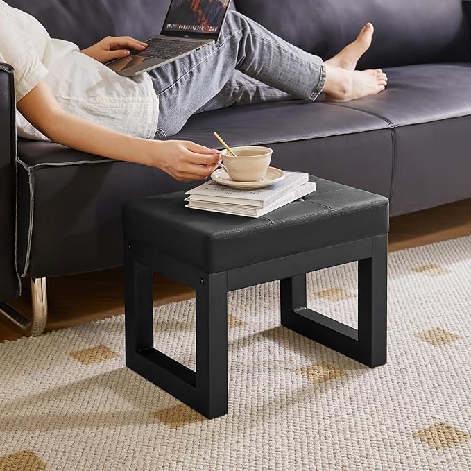 IBUYKE 16 Inch Small Foot Stool Ottoman, Rectangle PU Faux Leather Foot Rest with Padded Seat and Metal Legs, Modern Ottoman Foot Rest for Living Room Bedroom Entryway Couch, Black WBD026B