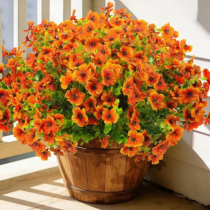 20 Bundles Artificial Flowers for Outdoors, UV Resistant Fake Plants Flowers Greenery Shrubs Plants for Decoration Outside Plants Hanging Planter Home Garden Decor (Orange)