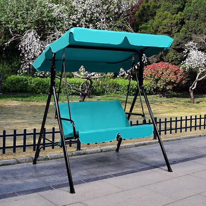 Tangkula 2 Person Porch Swing, Outdoor Swing with Removable Cushions, Solid Steel Structure, Patio Swing with Adjustable Canopy for Porch, Backyard, Garden, Balcony Turquoise
