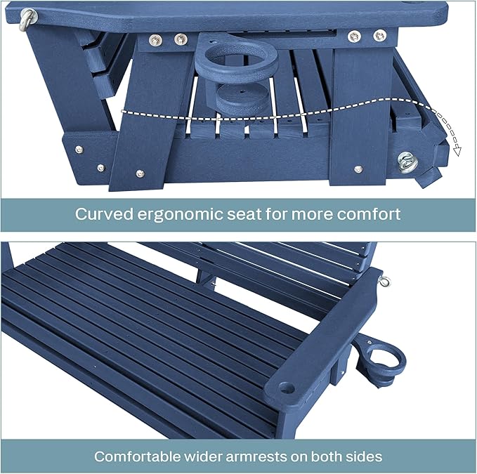 HDPE Porch Swing with 18/8 Stainless Steel Bolts, Ergonomic Design, Ultra Weather-Resistant, Heavy Duty 1200 LBS, for Outdoor Patio Garden Yard (Navy Blue)