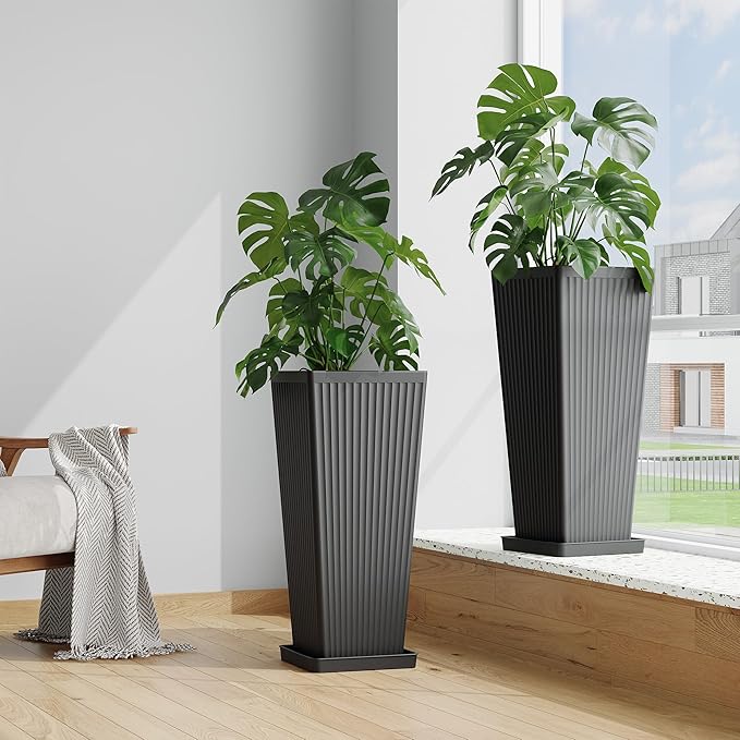 Tall Planters for Outdoor Plants Set of 2, 23.6" Large Taper Flower Plant Pots with Drainage Hole and Drainage Trays, Weather-Resistant Plastic planters for Patio, Porch, Garden, Black