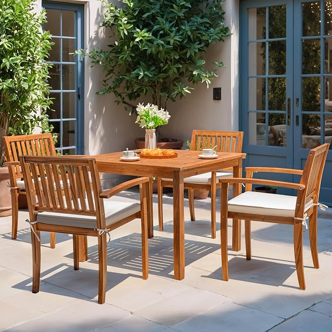 Flamaker 5 Piece Outdoor Dining Set Acacia Wood Patio Table and Chairs with Soft Cushions Patio Furniture for Deck, Backyard, Garden