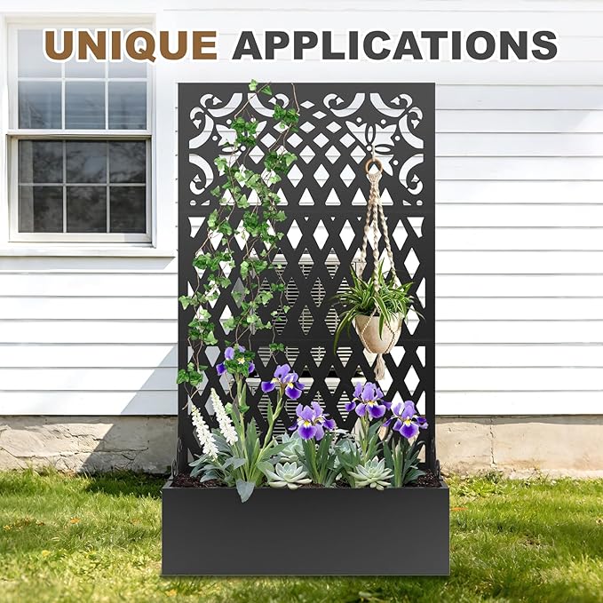 Metal Raised Garden Bed with Trellis & Privacy Screen, 71"x40"x11.8" Galvanized Freestanding Planter Box for Patio Balcony, Modern Planter with Drainage for Climbing Plants, Flowers & Vegetable